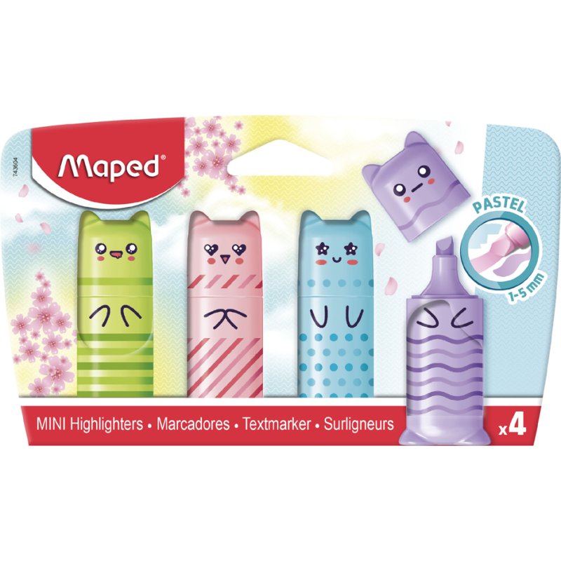 Maped text highlighters mini pastel, kawaii design, 4 pieces