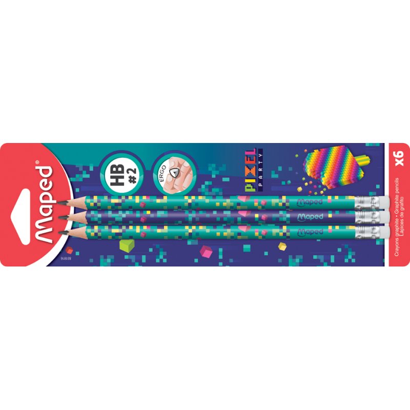 Maped potloden PIXEL PARTY met gum, HB, driehoekig, 6 stuks