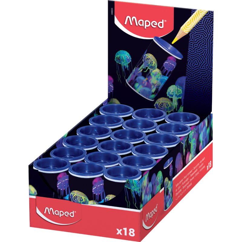 Maped taille-crayon métal, imprimé de méduses, bac de récupération, 18 pièces présentoir