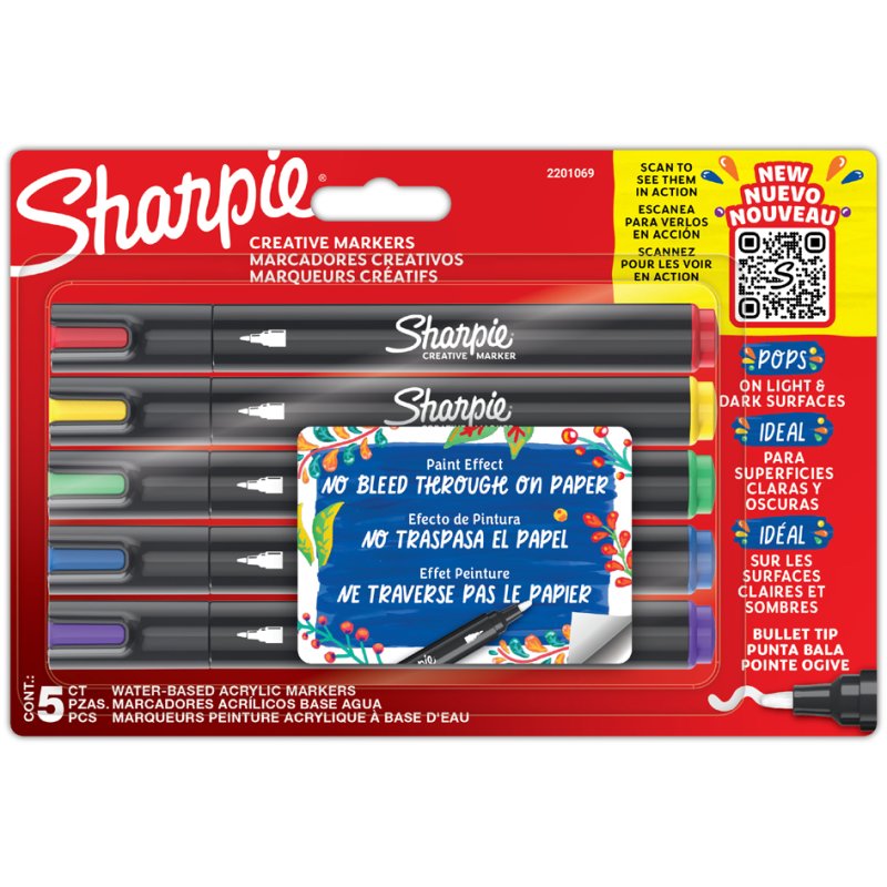 Sharpie marqueurs acryliques ACRYLIC, pointe ronde, set de couleurs, 5 pièces