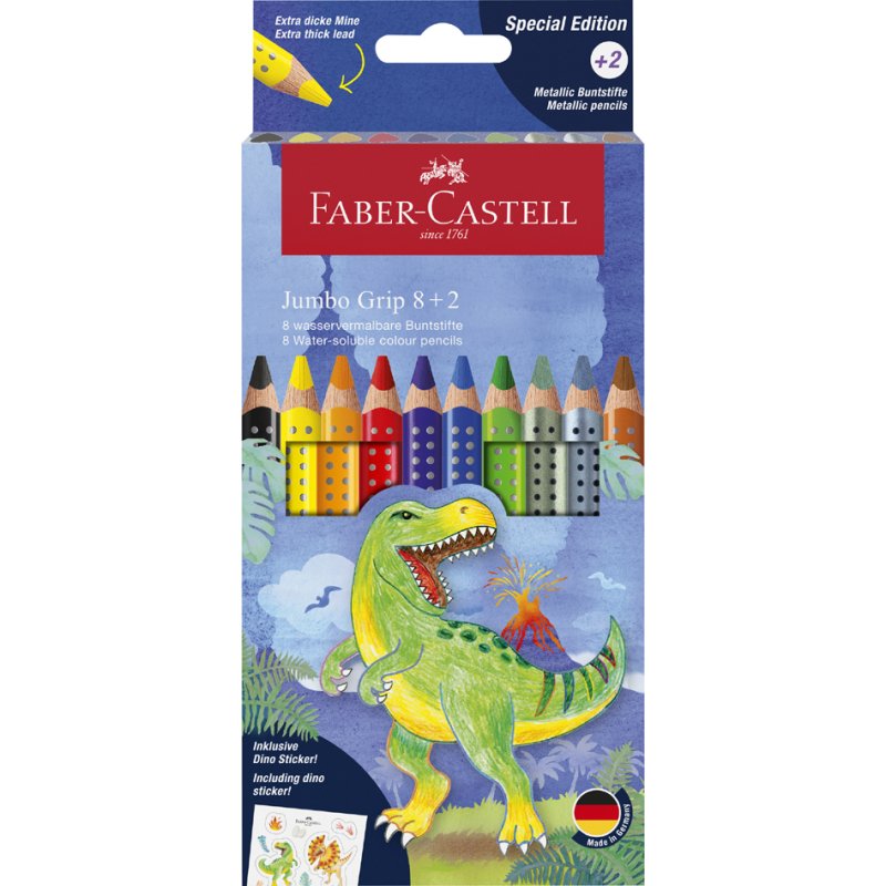FABER-CASTELL Jumbo GRIP Dino driekantige kleurpotloden, 8+2 stuks, metallic