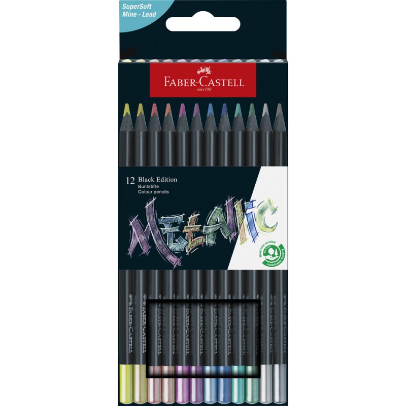 Faber-Castell Black Edition colouring pencils, triangular, metallic, 12 pieces