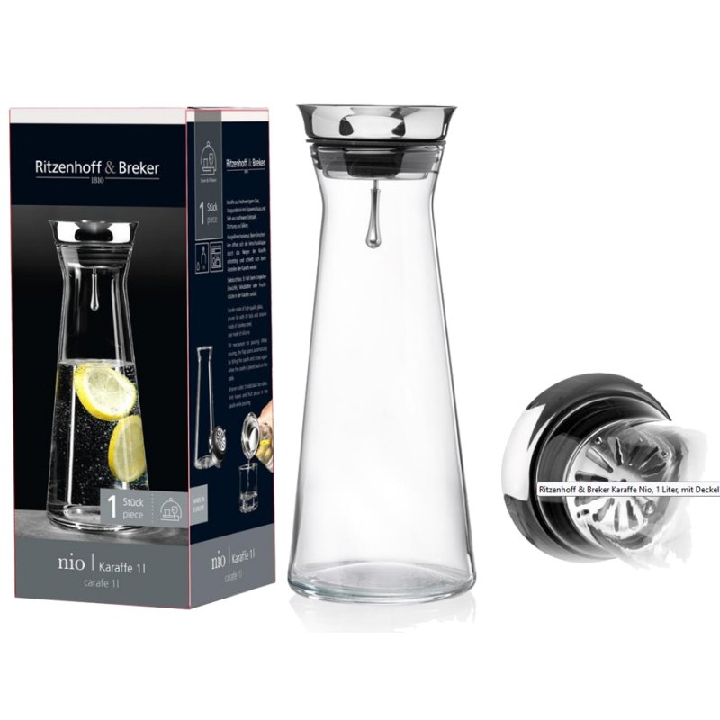 Ritzenhoff & Breker carafe en verre NIO, transparent, 1,0 litre, couvercle en acier inoxydable