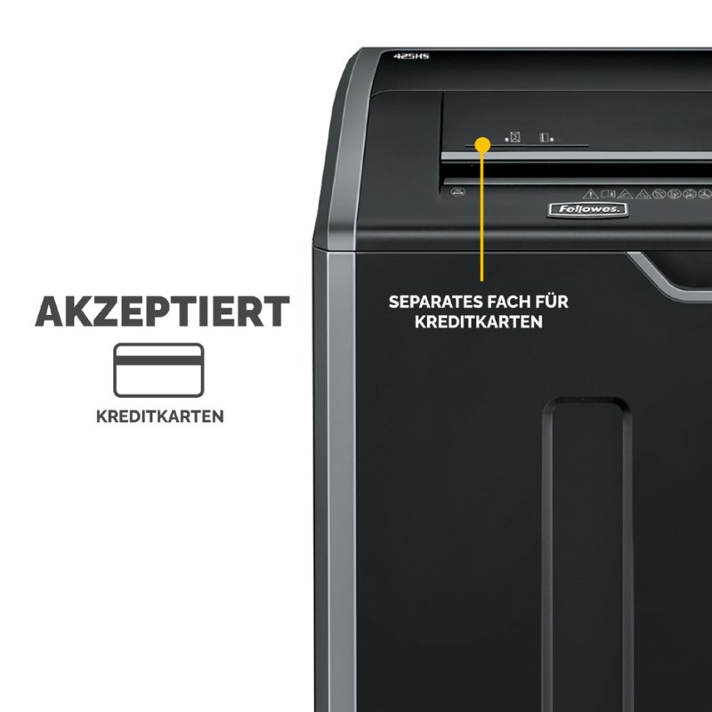 Fellowes shredder Powershred 425HS, 0.8×5 mm particle cut, 10 sheets, black/silver