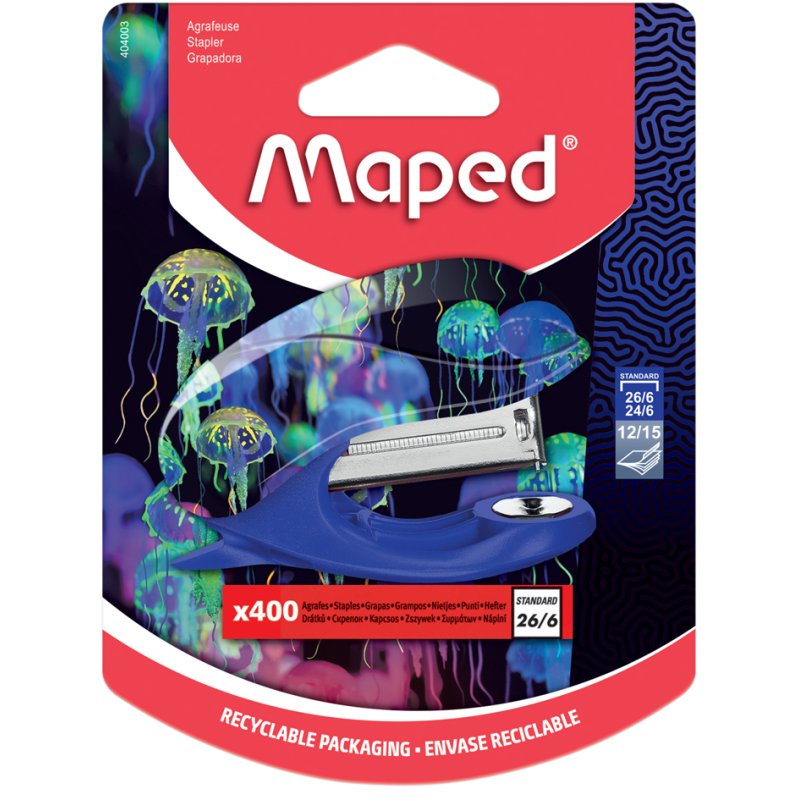 Maped mini-agrafeuse Paradis des Profondeurs, motif méduses, capacité 15 feuilles, 400 agrafes