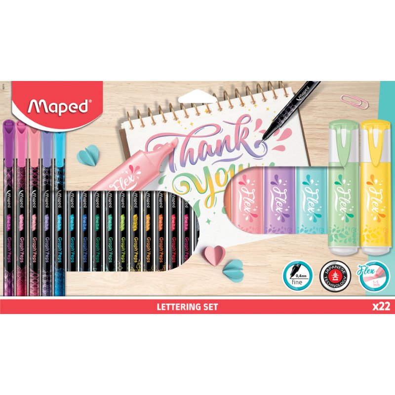Maped set de lettering, 22 pièces, 16 fineliners + 6 marqueurs, teintes pastel