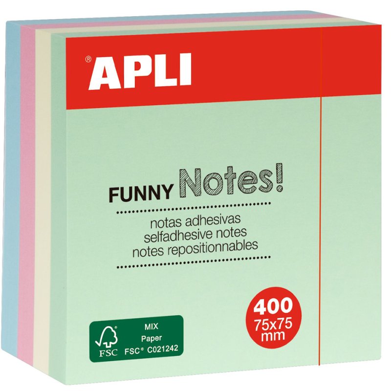 APLI memoblok kubus, 75×75 mm, geassorteerde pastelkleuren, 400 vel