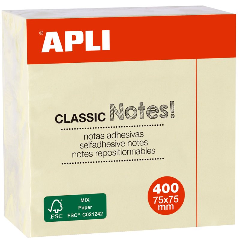 APLI zelfklevende notitieblokjes, 75×75 mm, geel, 400 vel