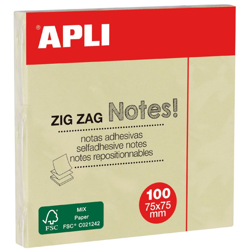 APLI Post-it zig zag, 75×75 mm, jaune, 100 feuilles