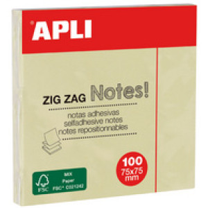 APLI plakbriefjes zig zag, 75×75 mm, geel, 100 vel