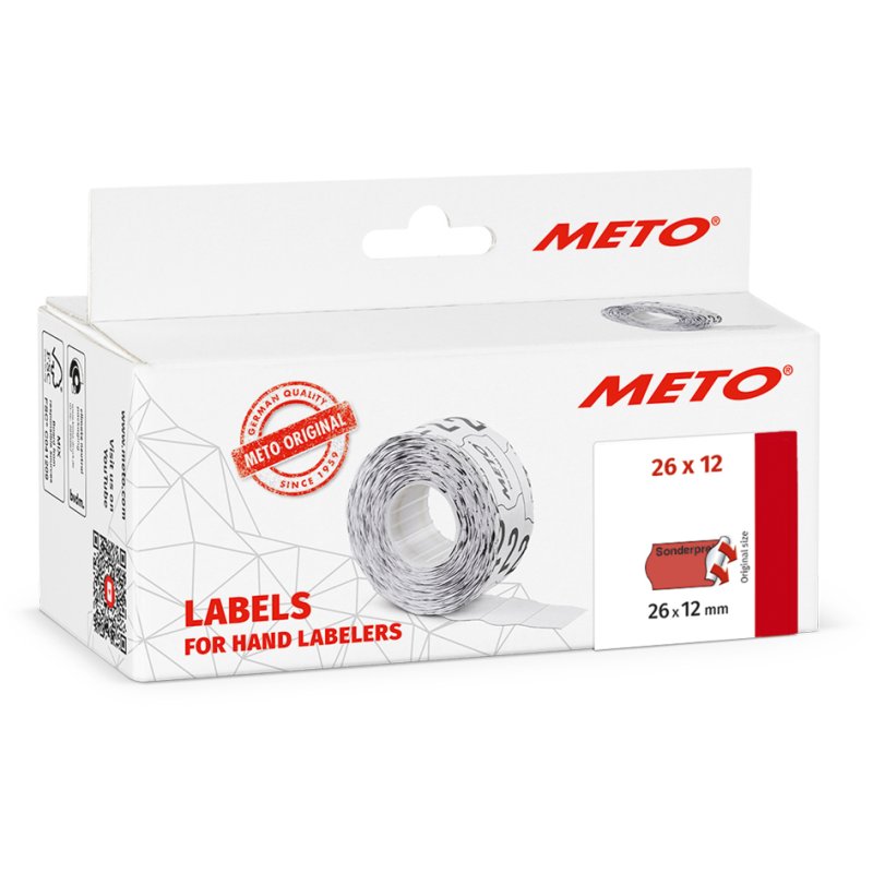 METO voordruk-etiketten prijzenborstels, 26×16 mm, rood fluor, 6 rollen à 1000 stuks