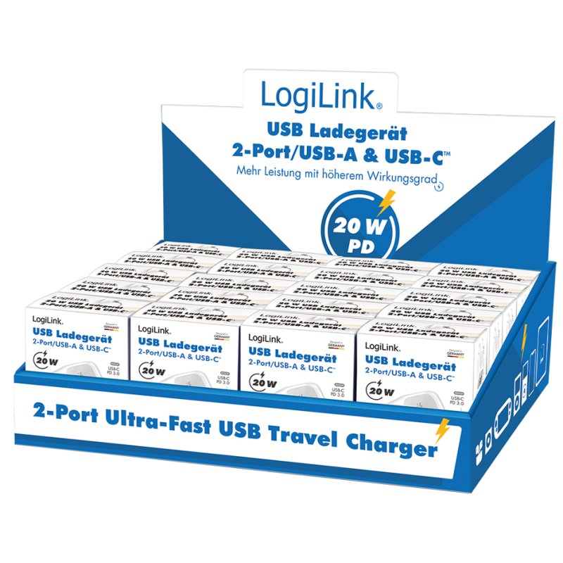 LogiLink chargeur rapide double USB, USB-C/USB-A, blanc, 20 pièces