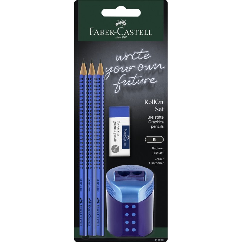 Faber-Castell RollOn writing set, blue, 3 pencils + eraser + sharpener
