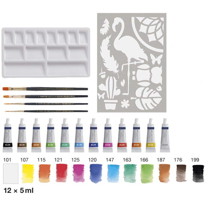 FABER-CASTELL set aquarelle, 18 pièces, 12 tubes 5 ml, 4 pinceaux