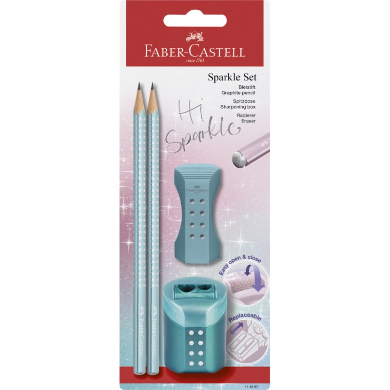 Faber-Castell ensemble d'écriture GRIP SPARKLE, vert menthe, 2 crayons et accessoires