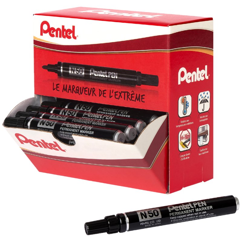 Pentel marqueur permanent N50, noir, boîtier aluminium, 36 pièces