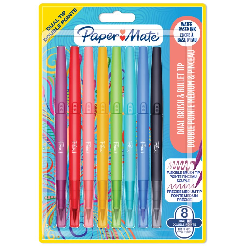 PAPER:MATE feutres FLAIR dual brush, double pointe, base aqueuse, 8 pièces