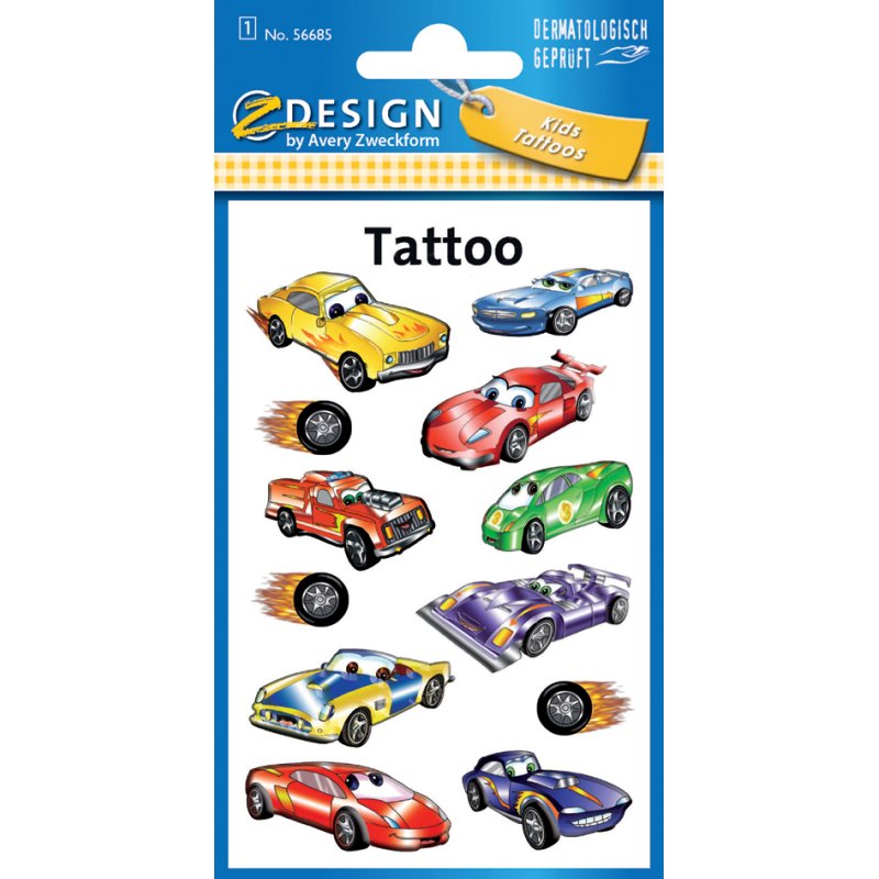AVERY Zweckform kindertatoeages auto's, tattoofolie, 1 vel à 12 tattoos