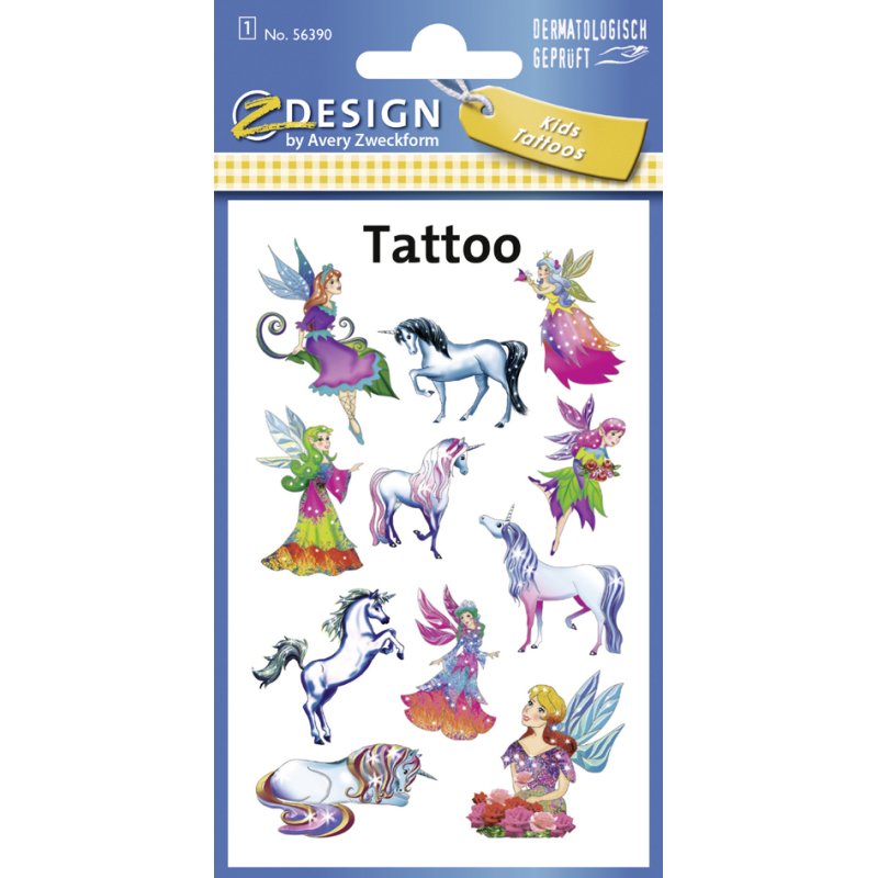 AVERY Zweckform kindertattoos elfjes en eenhoorns, verwijderbaar met olie, 11 stuks