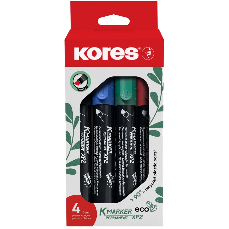 Kores permanent marker ECO XP2, chisel tip, 4 colours, 4 pieces