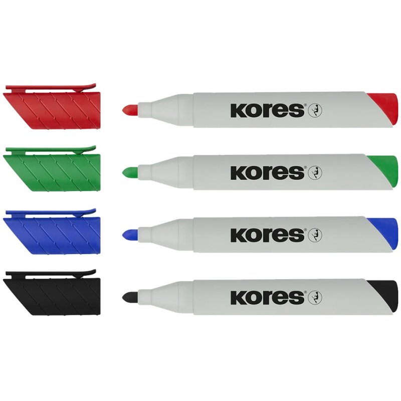 Kores marqueurs tableau blanc ECO XW1, pointe ronde 3 mm, 4 couleurs, lot de 4 pièces