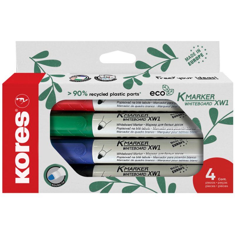 Kores marqueurs tableau blanc ECO XW1, pointe ronde 3 mm, 4 couleurs, lot de 4 pièces