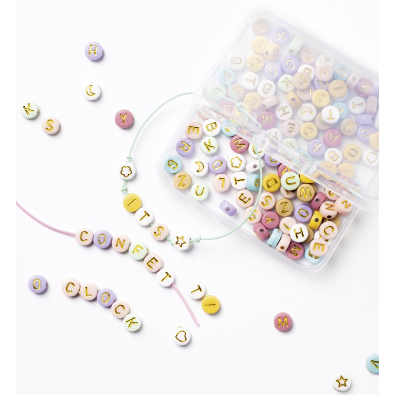 folia parel-lettermix pastel, 202 kralen, gouden letters A-Z, opbergdoos