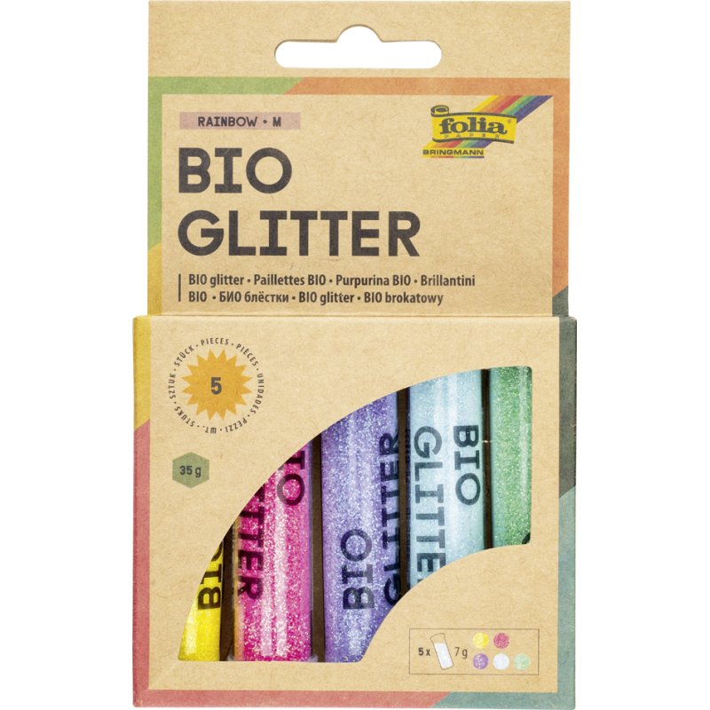 folia BIO glitter mix Rainbow, 5 tubes à 7g, geel/roze/lila/lichtblauw/groen
