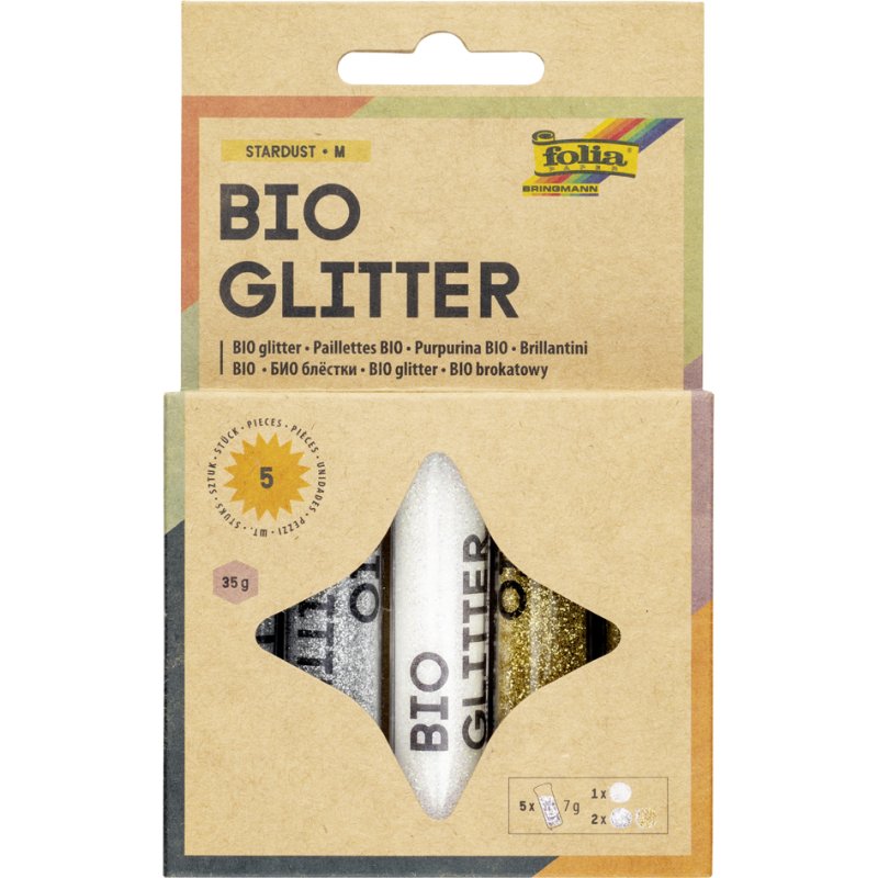 folia BIO Glitter Mix Stardust, biologisch afbreekbaar, wit/zilver/goud, 5 tubes à 7 g