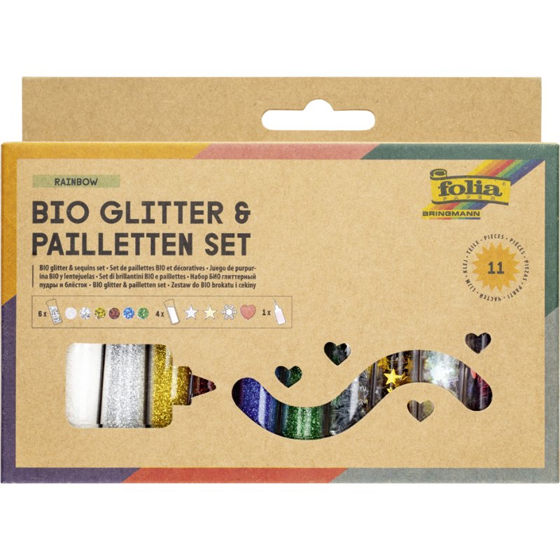 folia biologisch regenboog glinster- en lovertjesset, 6 kleuren, met decolijm
