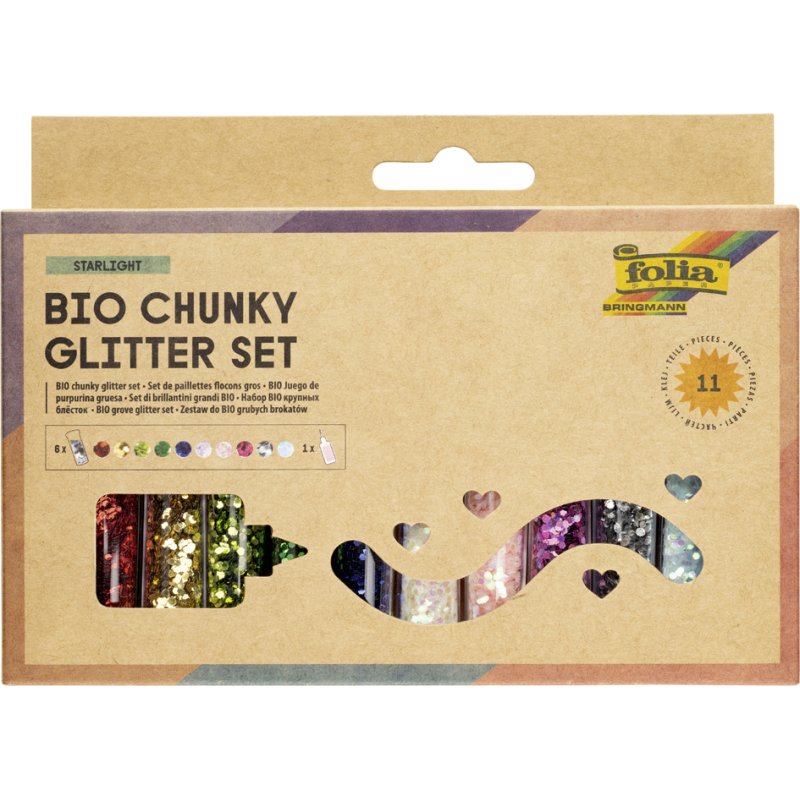 folia bio chunky glitter set Starlight, 10 kleuren, met lijm 90 g