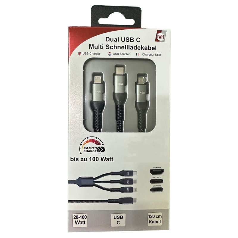 IWH Câble de charge 3-en-1 USB-A vers Lightning + Micro USB + USB-C, noir, 1,20 m