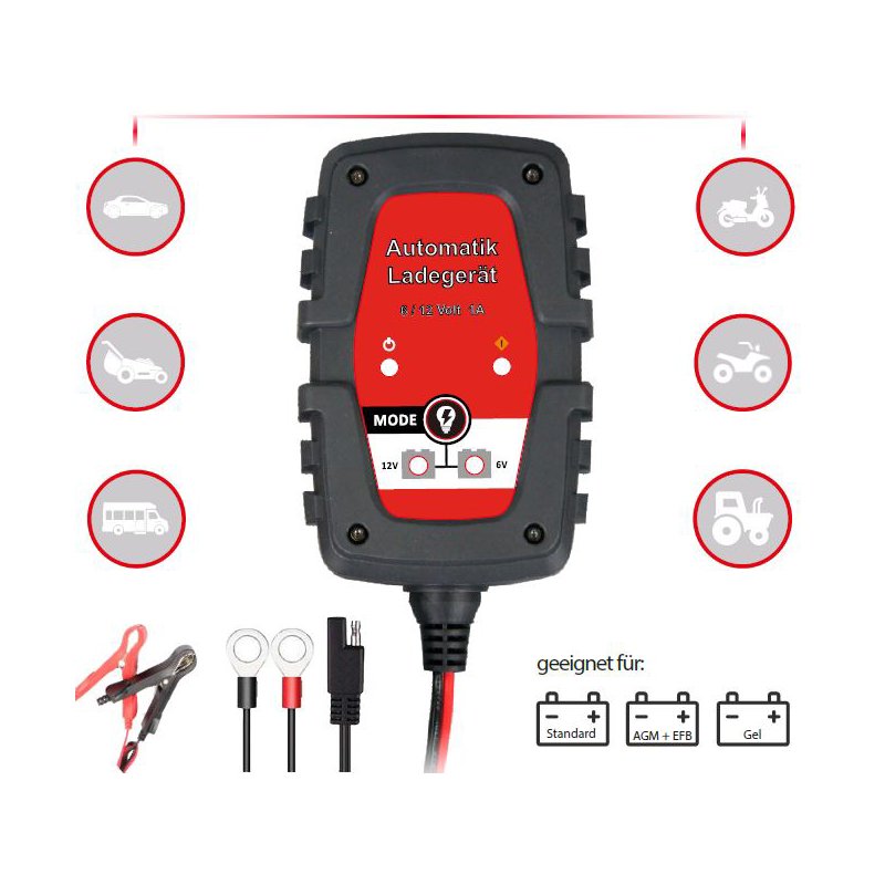 IWH acculader voor auto & motor, 1A, 6/12V