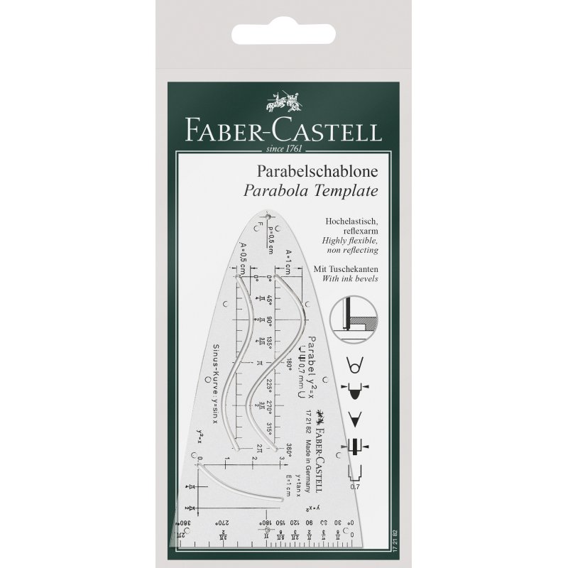 Faber-Castell parabola drawing template, transparent plastic, 124×70 mm