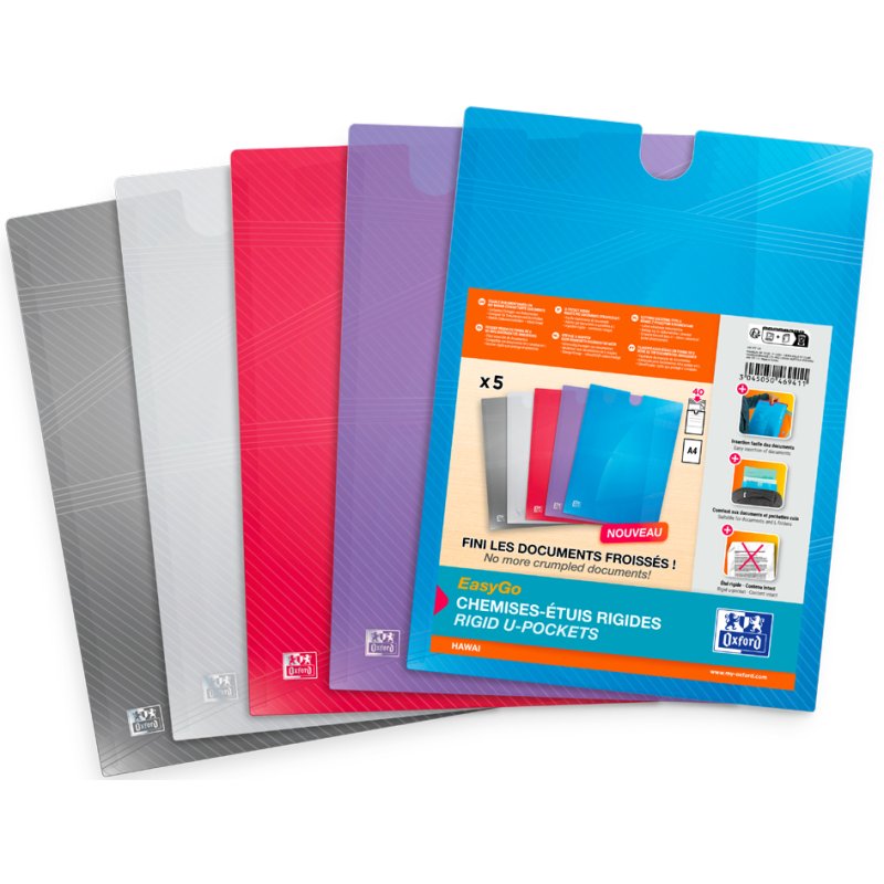 Oxford EasyGo chemises Hawai A4, couleurs assorties, 5 pièces