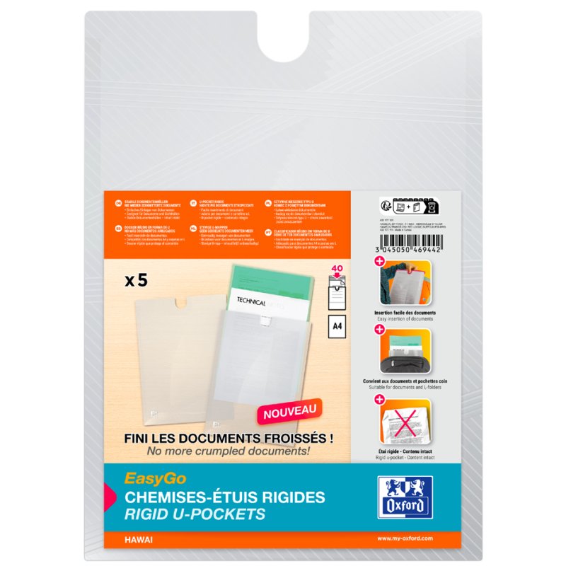 Oxford EasyGo chemises Hawai A4, couleurs assorties, 5 pièces