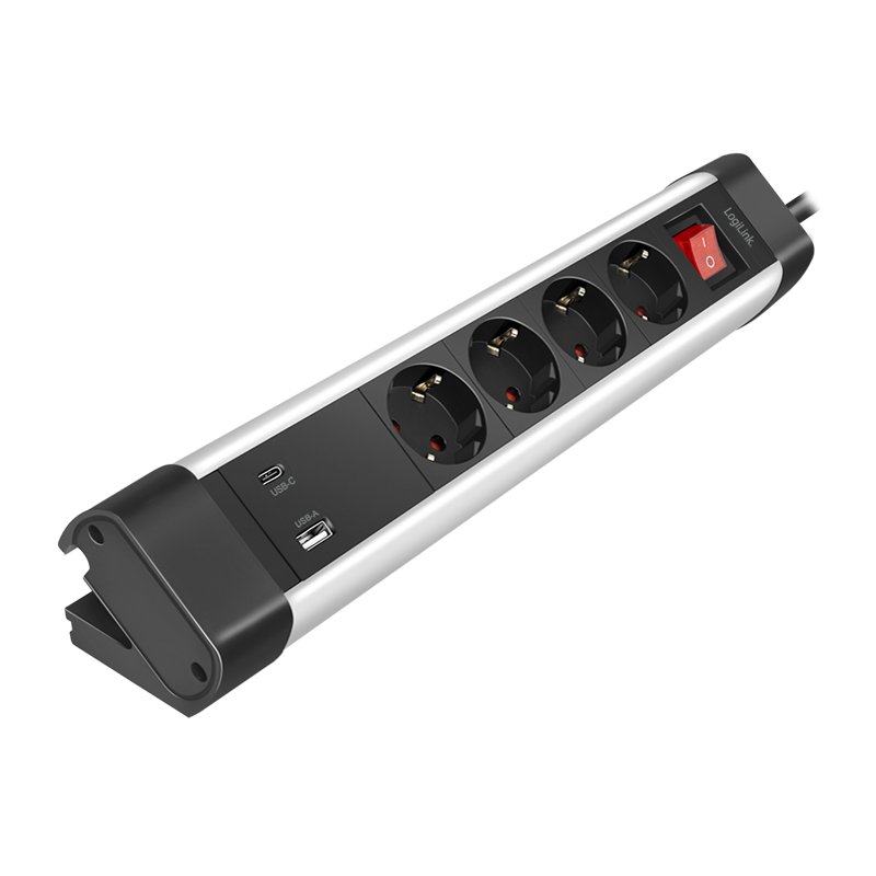 LogiLink desktop power strip 4-way, 2x USB, black/silver, with switch