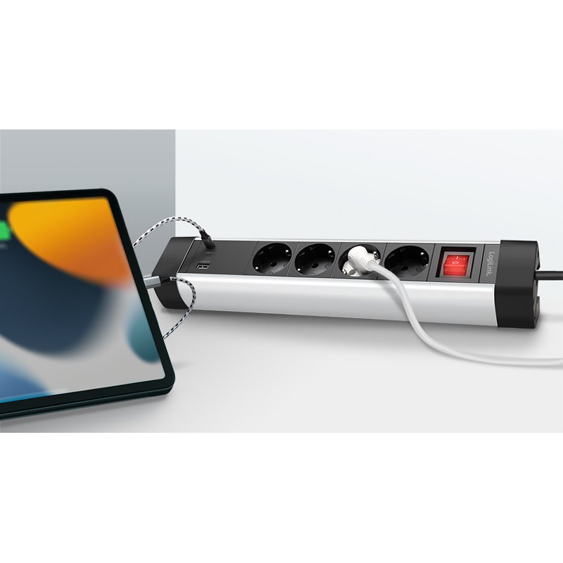 LogiLink desktop power strip 4-way, 2x USB, black/silver, with switch