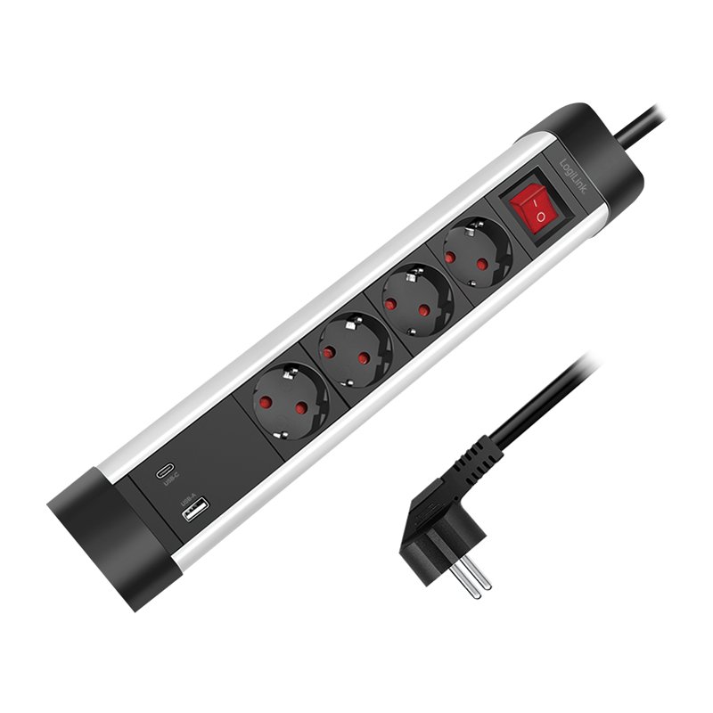 LogiLink desktop power strip 4-way, 2x USB, black/silver, with switch