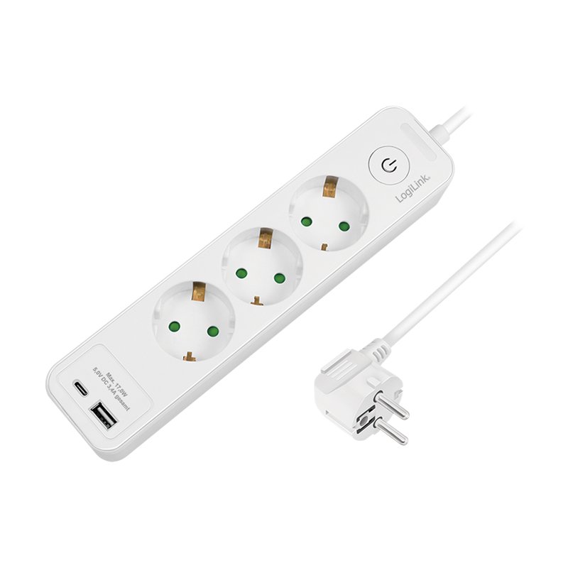 LogiLink 3-way power strip, 2x USB, white, switch