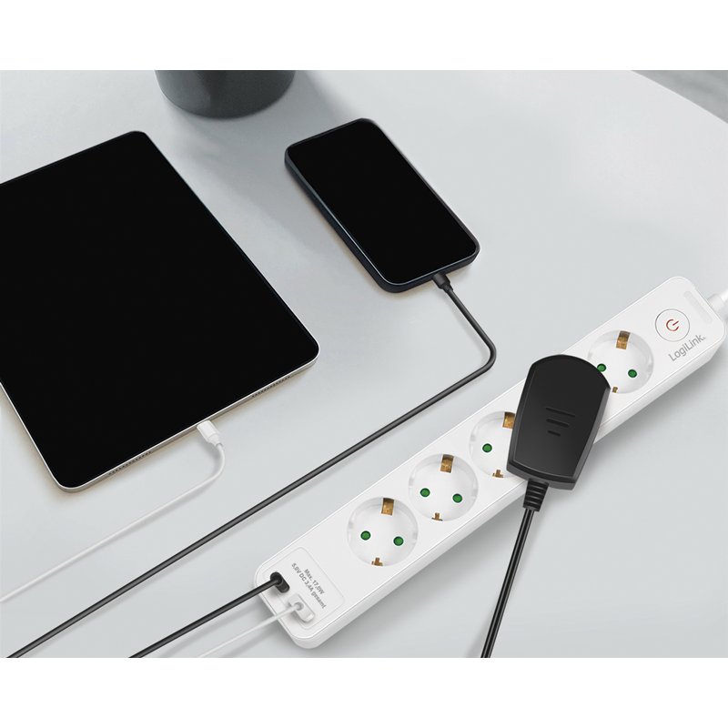 LogiLink 5-way power strip, 2x USB, white, switch