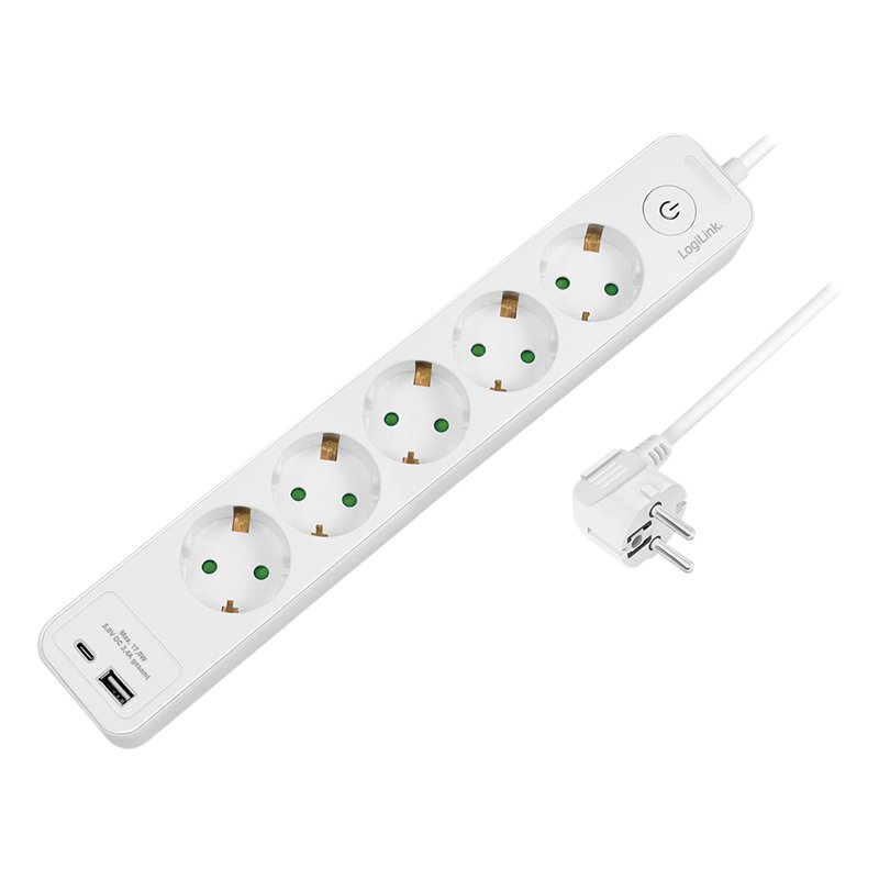 LogiLink 5-way power strip, 2x USB, white, switch