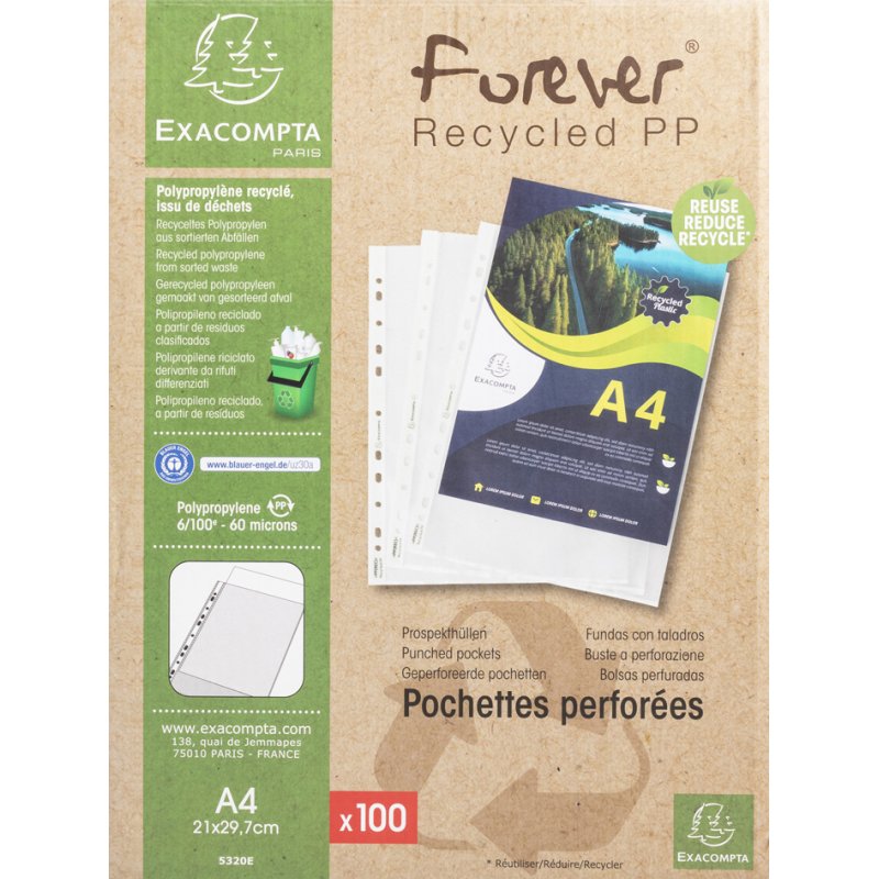EXACOMPTA Pochettes perforées Forever A4, PP recyclé, 60 microns, 100 pièces