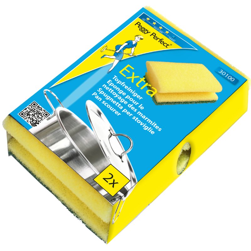 Peggy Perfect pannenspons extra, geel/groen, 95×70×40 mm, 2 stuks