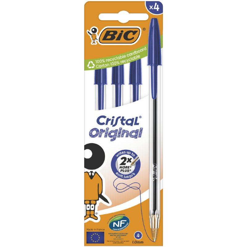 BIC Cristal stylo à bille, bleu, 0,32 mm, 4 pièces
