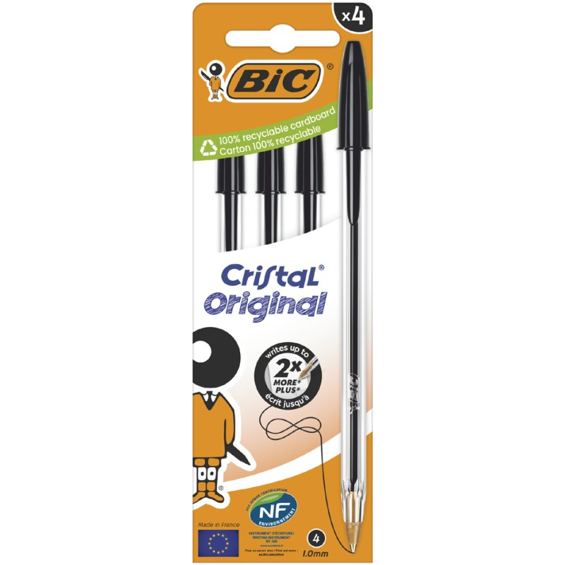 BIC Cristal stylo à bille, bleu, 0,32 mm, 4 pièces