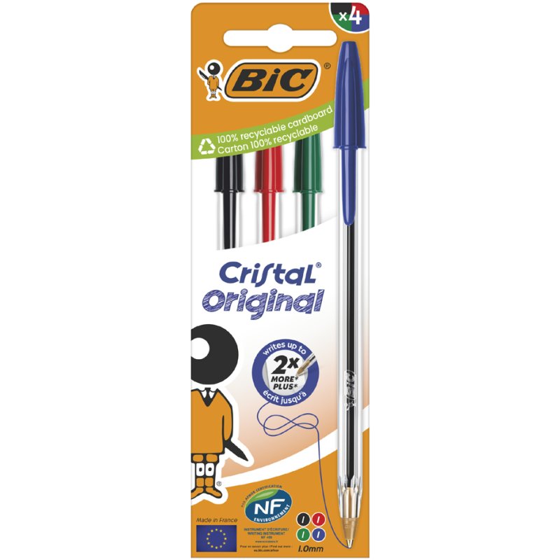 BIC Cristal stylo à bille, bleu, 0,32 mm, 4 pièces
