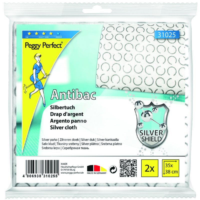 Peggy Perfect chiffon de nettoyage antibactérien, fil d'argent, 350×380 mm, 2 pièces
