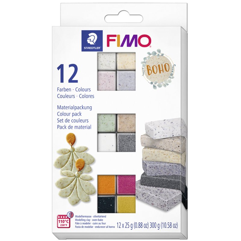 FIMO EFFECT pâte à modeler set Boho Colours, 12 blocs de 25 g, couleurs métallisées et granit