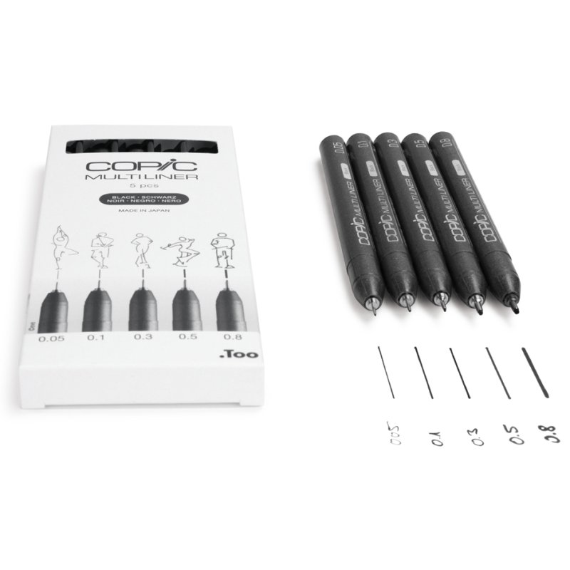 COPIC fineliner MULTILINER, noir, 5 pièces, largeurs de trait variées